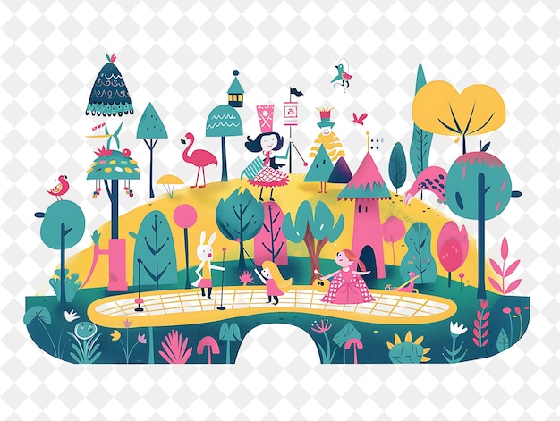 PSD enchanted garden with alice in wonderland characters playing people life style flat illustration