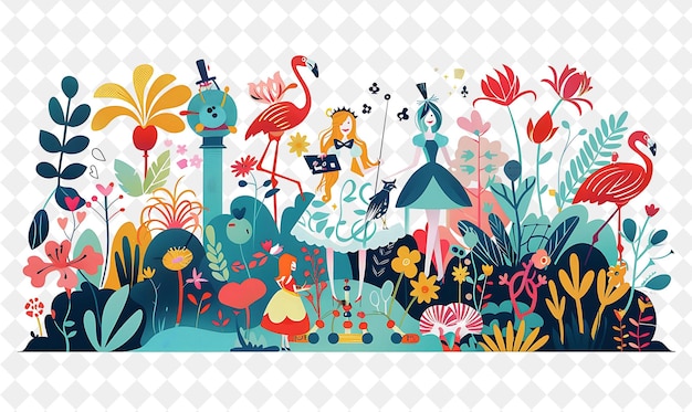 Enchanted Garden With Alice in Wonderland Characters Playing People Life Style Flat Illustration