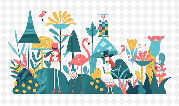 Enchanted Garden With Alice in Wonderland Characters Playing People Life Style Flat Illustration