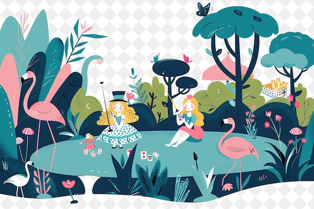 Enchanted Garden With Alice in Wonderland Characters Playing People Life Style Flat Illustration