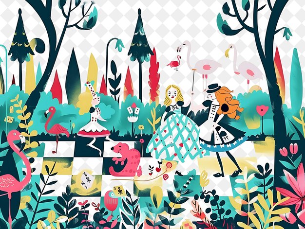 Enchanted Garden With Alice in Wonderland Characters Playing People Life Style Flat Illustration