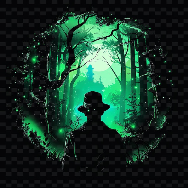 PSD enchanted neon forest inside a silhouette detective landscap png y2k fairy tale inspired designs