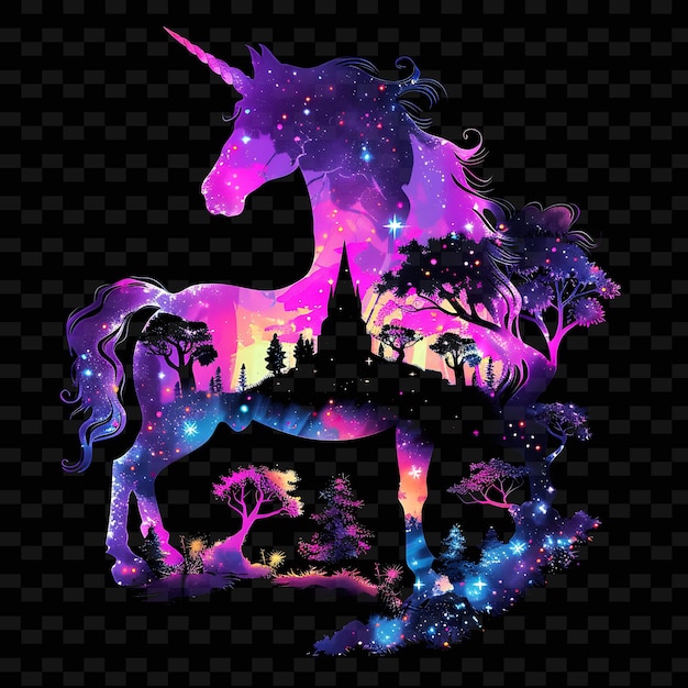 Enchanted Neon Forest Inside a Silhouette Unicorn Landscape PNG Y2K Fairy Tale Inspired Designs