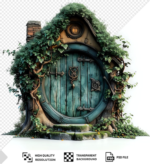 PSD enchanted treehouse doorway with a round green door and isolated background