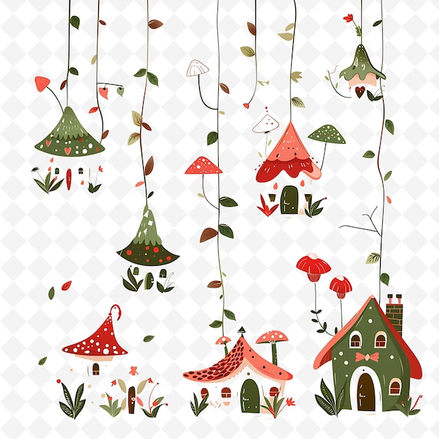 PSD enchanted wire with tiny fairy houses and mushrooms on it de png natural inspired flat borderline