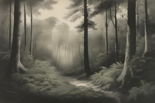 PSD enchanting aquatint print captures forest and tree landscapes