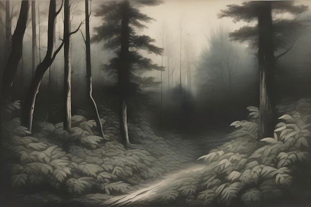 PSD enchanting aquatint print captures forest and tree landscapes