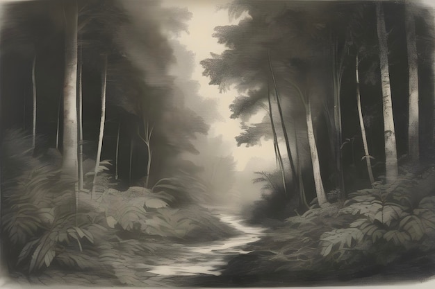 PSD enchanting aquatint print captures forest and tree landscapes