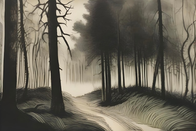 PSD enchanting aquatint print captures forest and tree landscapes