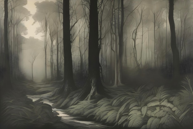 PSD enchanting aquatint print captures forest and tree landscapes