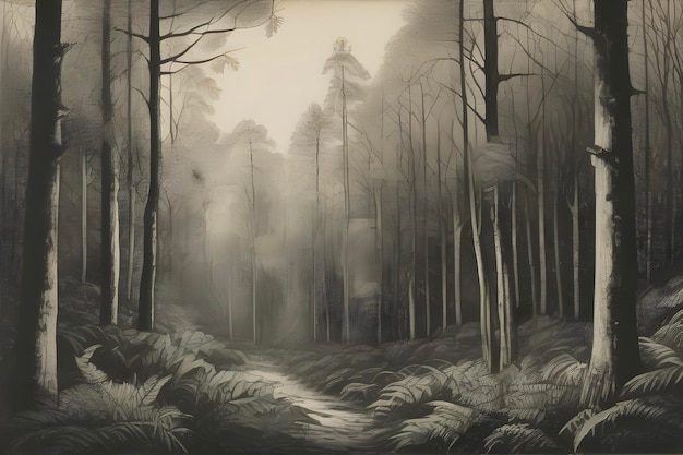 PSD enchanting aquatint print captures forest and tree landscapes