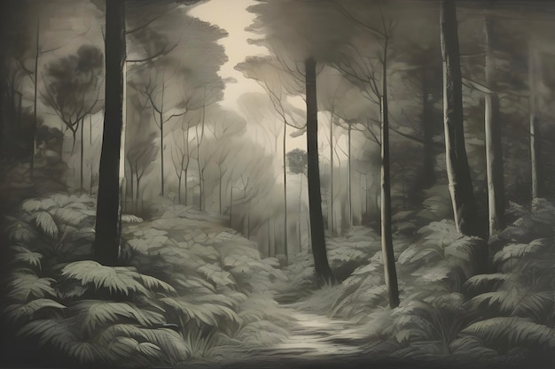 PSD enchanting aquatint print captures forest and tree landscapes