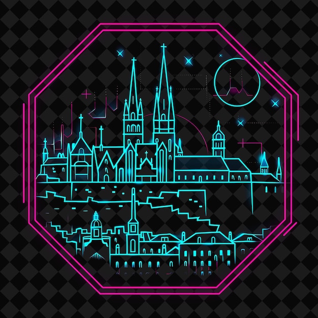 PSD enchanting neon tallinn scenery within a silhouette pentagon png y2k monoline cityscape collage art