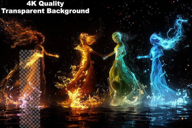 PSD encounter fantastical beings with glowing elemental creatures on transparent background