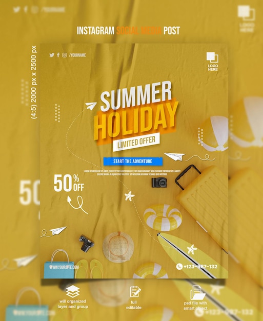 PSD end of summer sale promotion post design with summer accessories 3d illustration