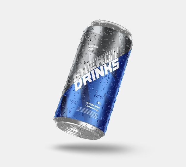 Energy drink soda can with droplets mockup psd