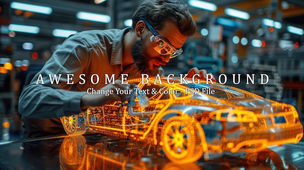 Engineer Examining a Glowing Car Model