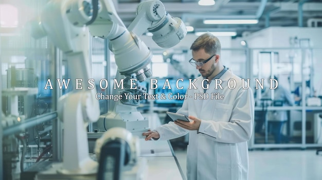 PSD engineer inspecting robotic arm in a modern factory