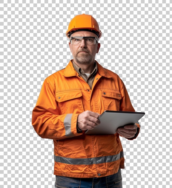 PSD engineer man in safety vest holding clipboard isolated on transparent background