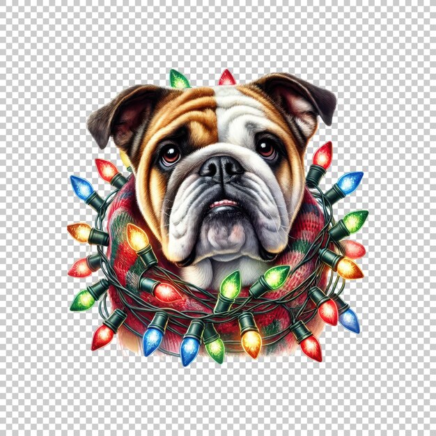 PSD english bulldog in scarf with christmas lights isolated on transparent background