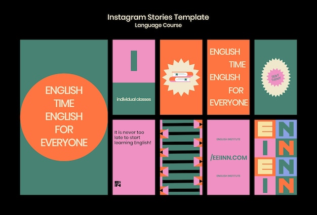 English language courses instagram stories collection in retro style