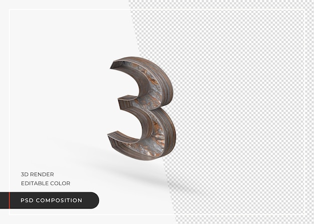 english number 3 isolated made of tree bark in 3d rendering