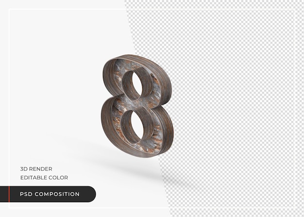 english number 8 isolated made of tree bark in 3d rendering