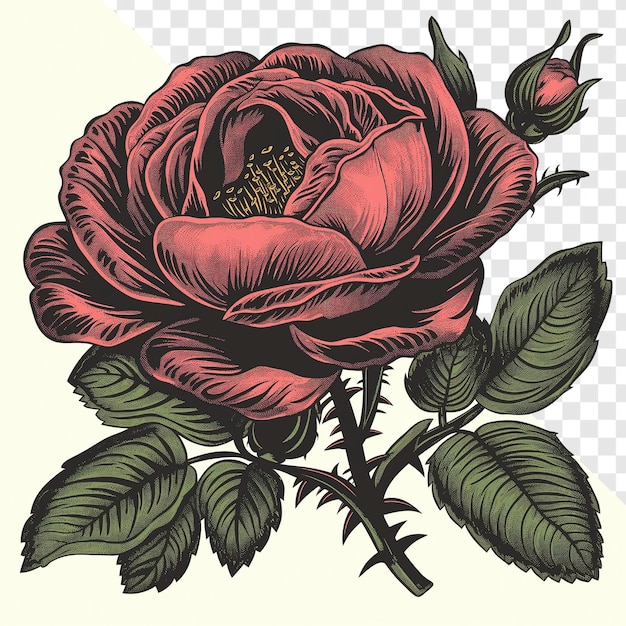 English Rose Linocut Illustration for TShirt Design Transparent Background