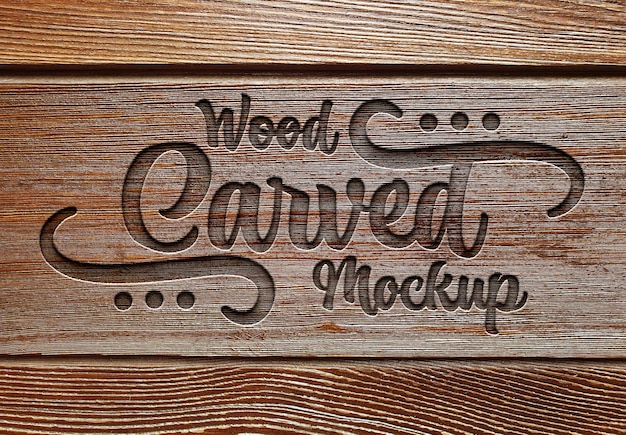 Engraved text effect on wood plank texture Mockup