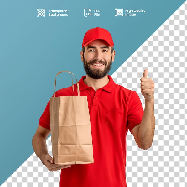 Entregador feliz uniforme vermelho sinal positivo dando joia pacote de entrega