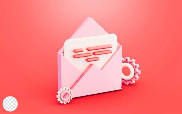 Envelope paper with gear icon 3d illustration for business process startup work email setting