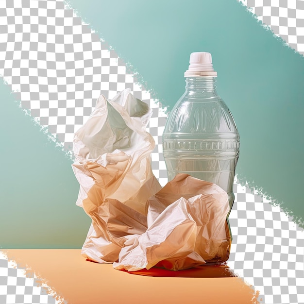 Environmental concern crumpled plastic bottle and cups on transparent background