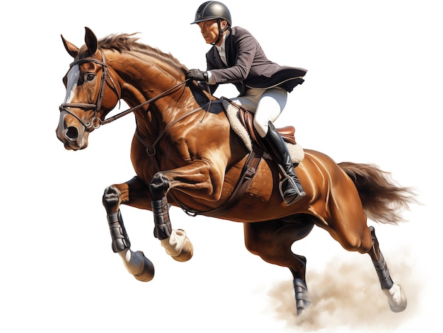 Equestrian sport young rider on horse jumping over transparent background