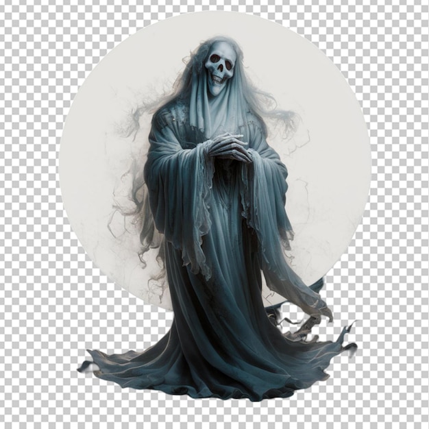 PSD ethereal ghost with flowing robes and a mysterious aura isolated