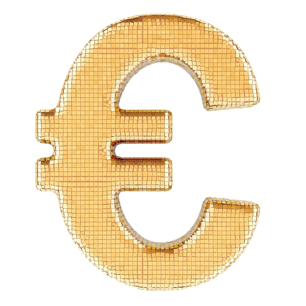 PSD euro sign from golden glitter mirror facets 3d rendering isolated on transparent background