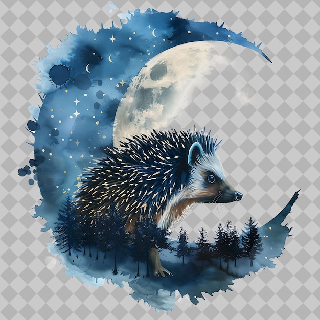 PSD european hedgehog animal inside a silhouette nonagon moon ad png watercolor wild life collections