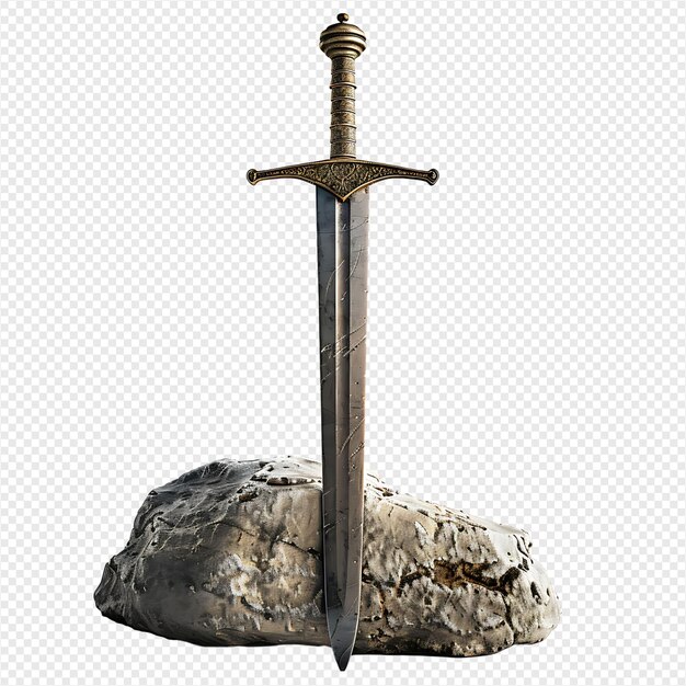 PSD excalibur sword in the stone on isolated transparent background