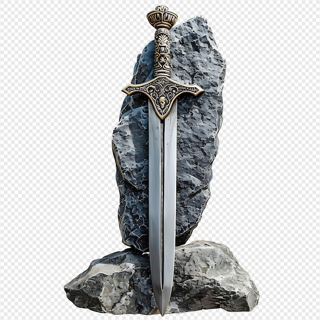 PSD excalibur sword in the stone on isolated transparent background