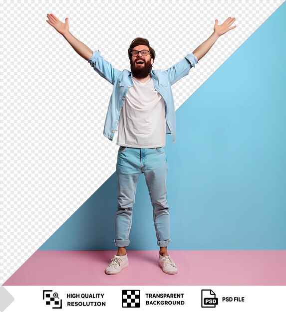 PSD excited bearded man in casual clothes with glasses raises arms in front of blue wall