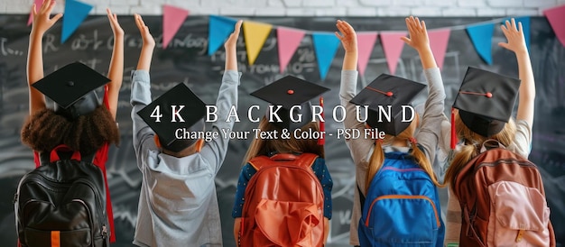 PSD excited graduates in caps and gowns raise their hands in celebration