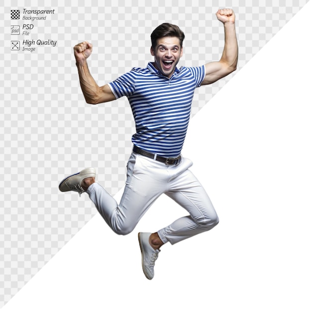 Excited man jumping in air with joy on transparent background