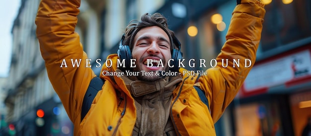 Excited man listening music with headphones in the street