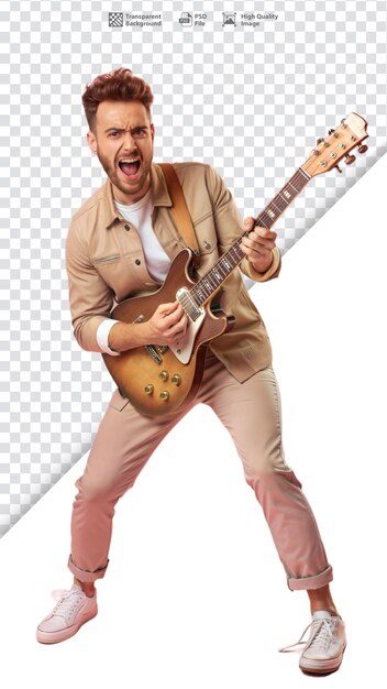 PSD excited man playing electric guitar in casual outfit