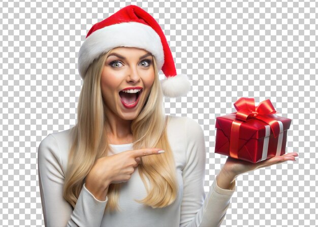 PSD excited woman holding gift box in santa hat transparent