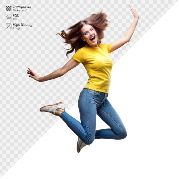 Excited woman jumping with joy on transparent background