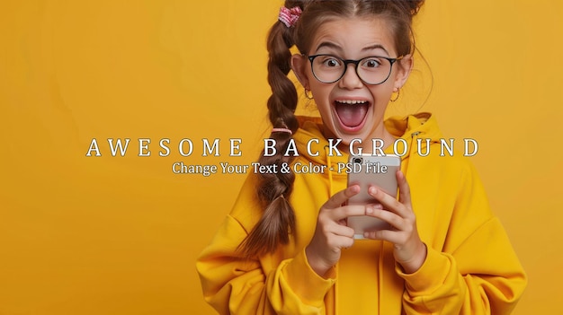 Excited young girl holding and using mobile phone