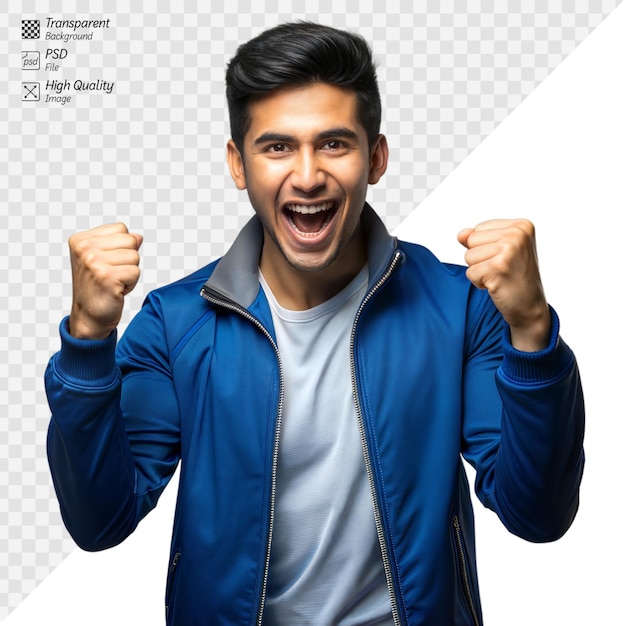 Excited young man celebrating success on transparent background