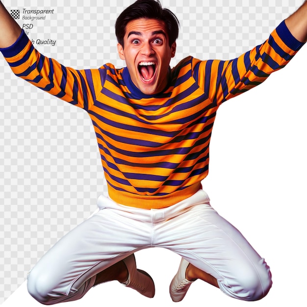 Excited young man jumping with joy on transparent background