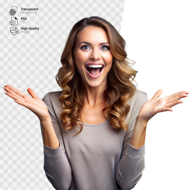 Excited Young Woman With Arms Outstretched and Wide Smile Against a Transparent Background