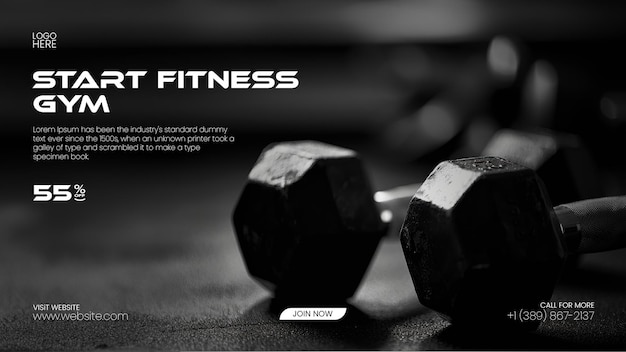 PSD exercise workout banner template with heavy dumbbells on the gym floor